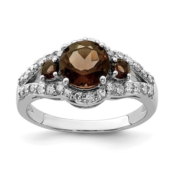 925 Sterling Silver Rhodium Diam. & Smoky Quartz Ring